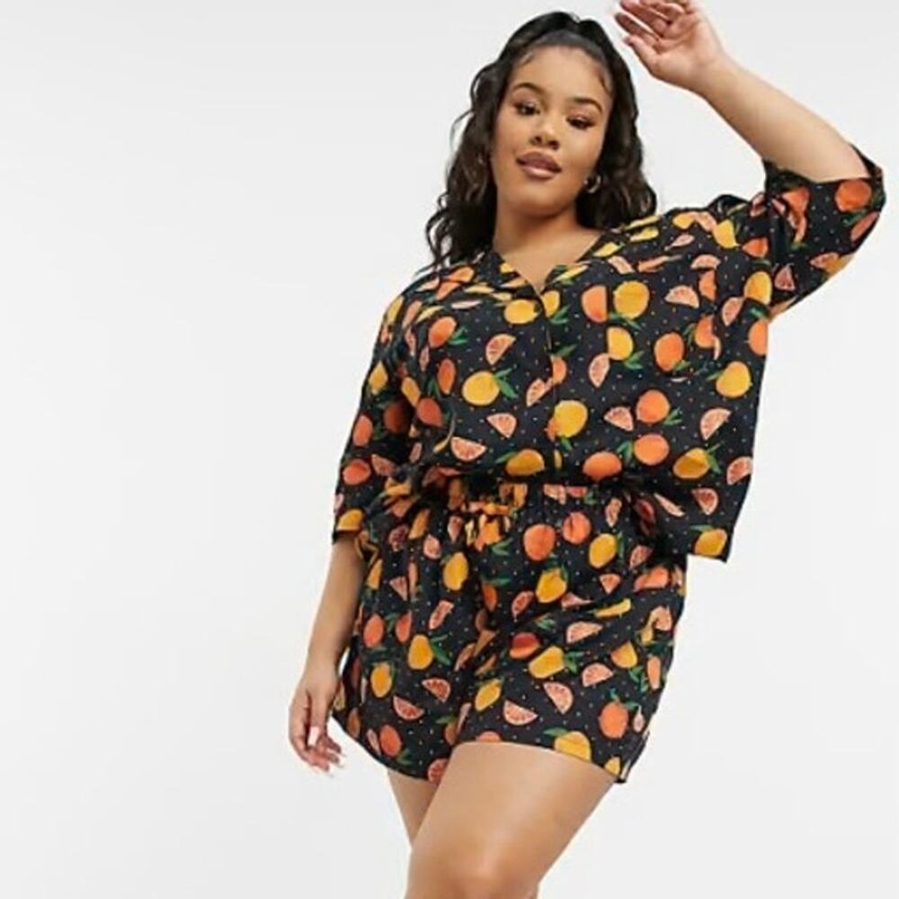ASOS Citrus Print Pajama Set, Black Button-Up PJ Set - Size M